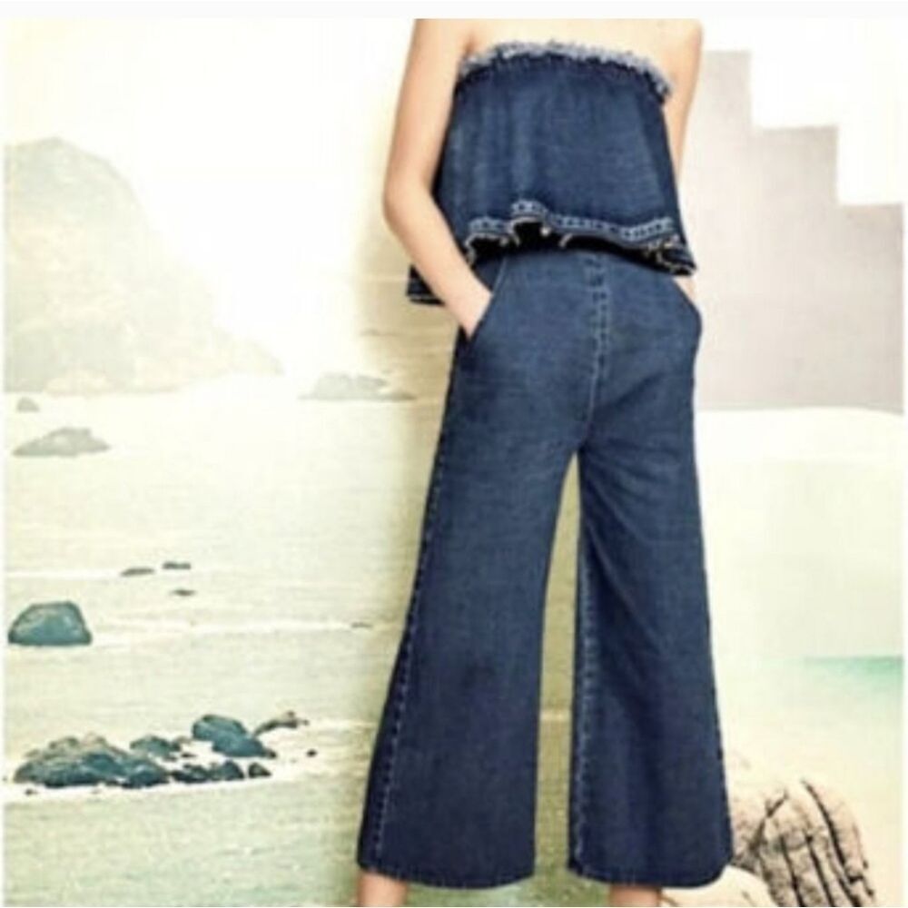 JOA  Denim Cropped Wide Leg Jumpsuit Frayed Hem Boho Chic Retro 70's Size S
